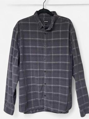 Express Men's Gray Plaid Button-Up Shirt corduroy 100% cotton 2XL EUC